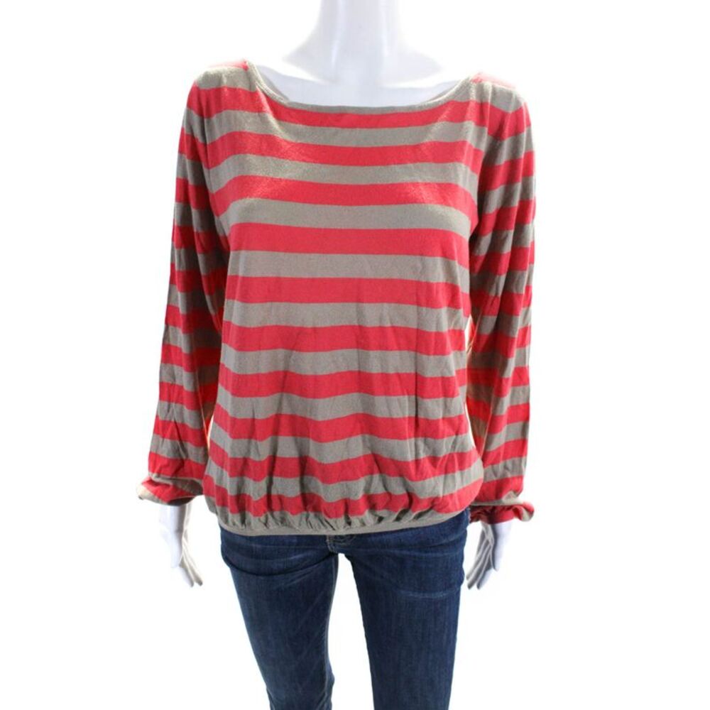 TSE Say Womens Cotton Striped Print Round Neck Bishop Sleeve Top Pink Size L